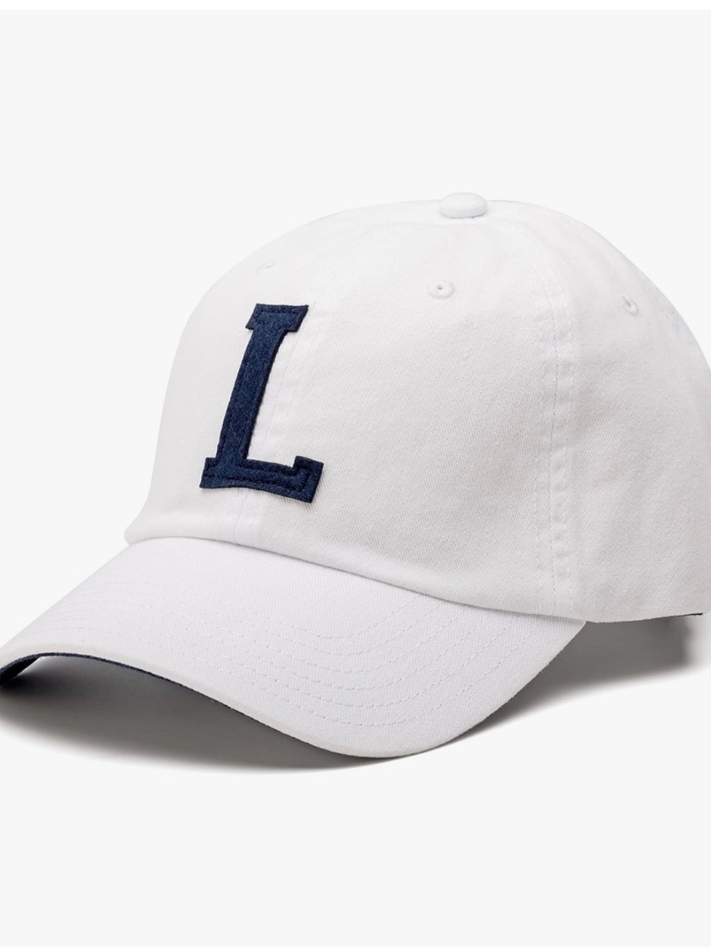 🤩NWOT- Unisex Baseball Cap- White w/ Navy 'L' Accent + Leather Adjustable Strap